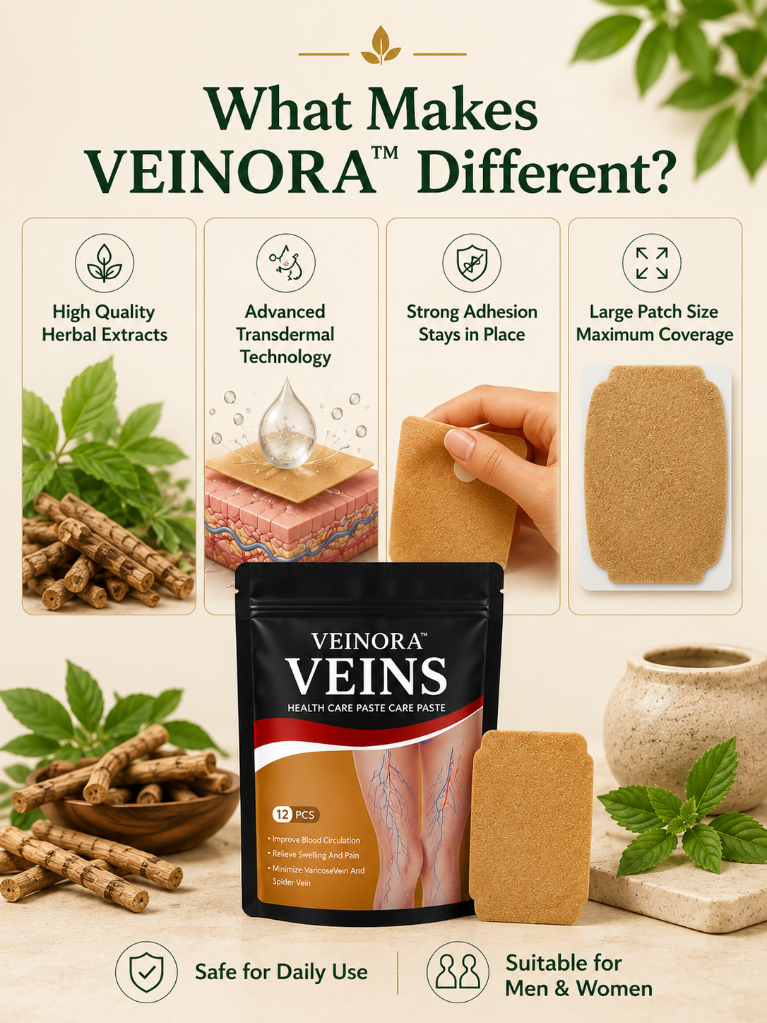 Veinora™ Spider & Varicose Vein Patches | Natural Herbal Leg Comfort Patch (12 PCS)